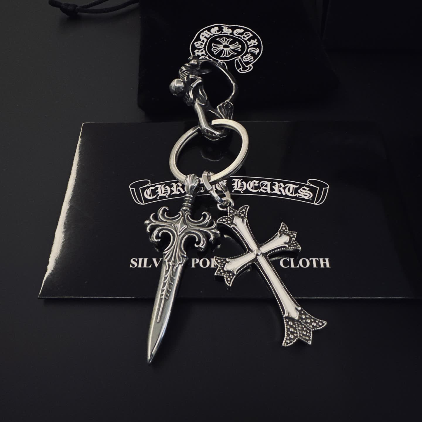 Chrome Hearts Silver Keychain with Sword and Cross Charms